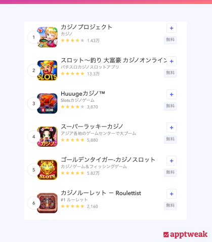【App Store】日本での「カジノゲーム」のライブ検索結果。